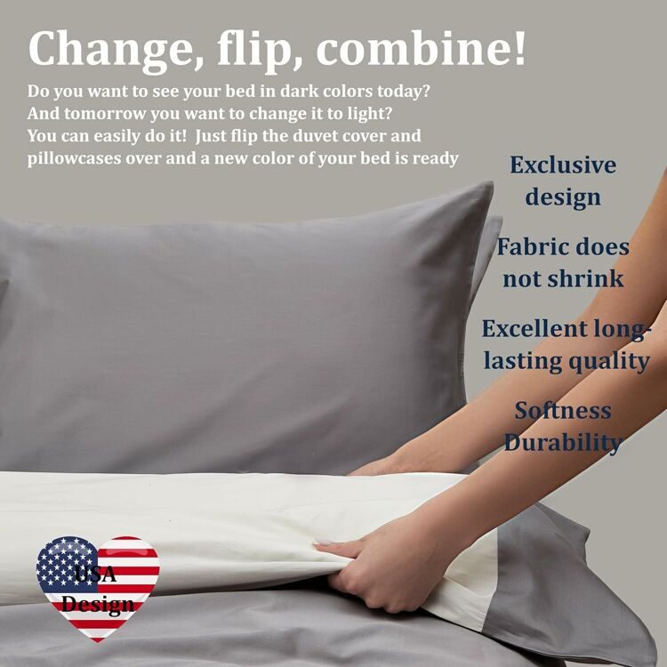 100% Cotton Double Bed Linen 5 Pcs Twin Size | 4 Pillowcases Satin Duvet Cover Linen - Embroidery | Ultra Soft Breathable and Shrink Free - Grey, Ivory White Bedding, 1200 Thread