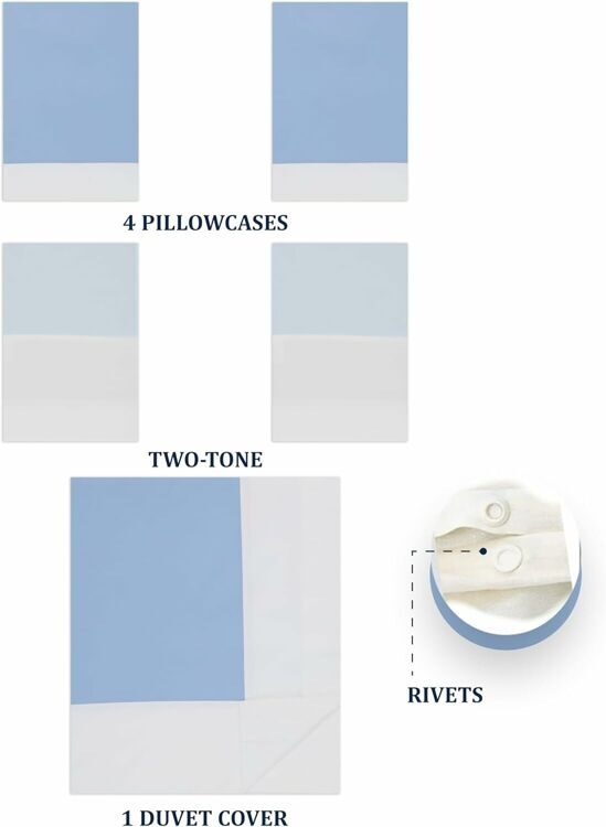 100% Cotton Double Bed Linen 5 Pcs Full Size | 4 Pillowcases Satin Duvet Cover Linen - Embroidery | Ultra Soft Breathable and Shrink Free - White, Blue Bedding, 1200 Thread