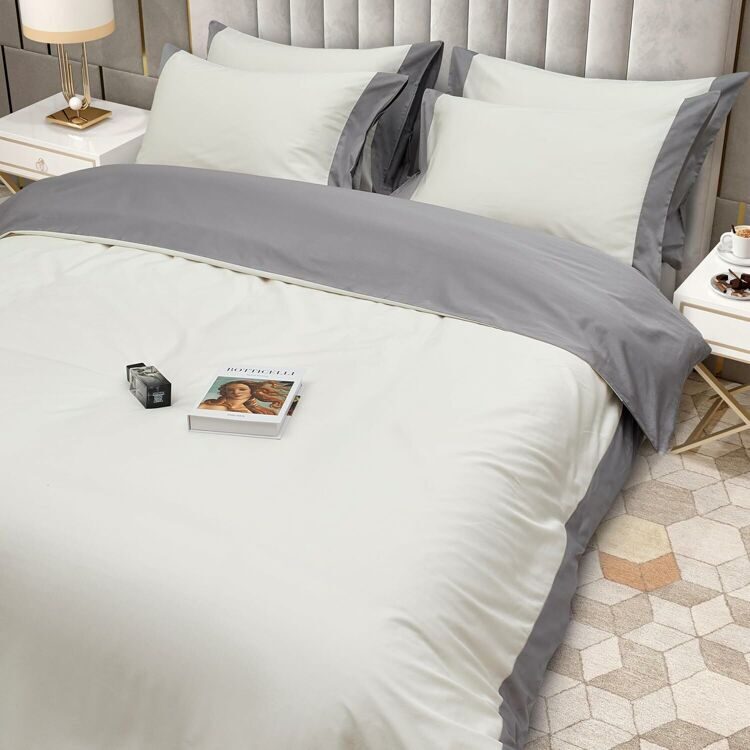 100% Cotton Double Bed Linen 5 Pcs Twin Size | 4 Pillowcases Satin Duvet Cover Linen - Embroidery | Ultra Soft Breathable and Shrink Free - Grey, Ivory White Bedding, 1200 Thread