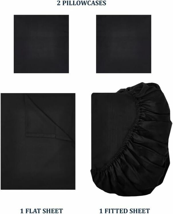 Full Size 4 Piece Sheet Set Embroidery Hotel Luxury Bed Linen for Women & Men - Deep Pockets, Easy-Fit, Soft & Wrinkle Free Sheets – Black