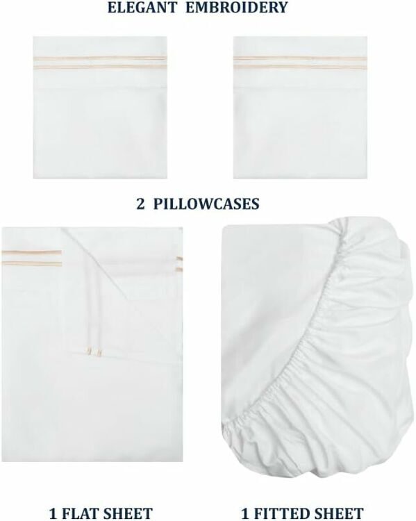 Bedlovesoft- Embroidery -Hotel Luxury Bed Linen for Women & Men - Deep Pockets, Easy-Fit, Soft & Wrinkle Free Sheets – White and Beige Stripe (California King), 400 Thread