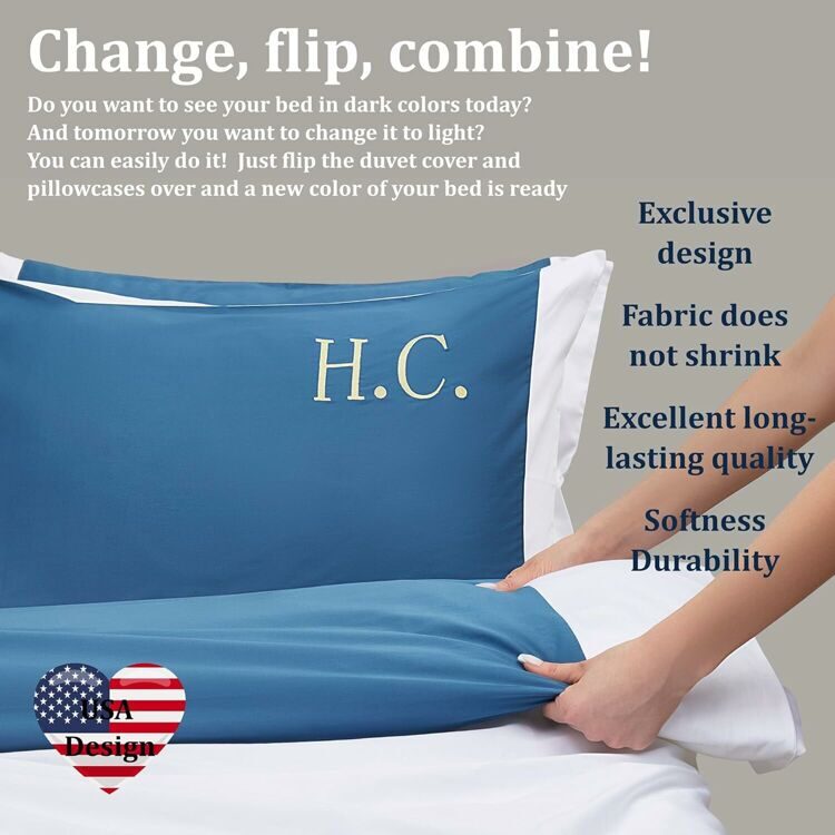 100% Cotton Double Bed Linen 5 Pcs Queen Size Bedding | 4 Pillowcases Satin Duvet Cover Linen - Embroidery | Ultra Soft Breathable and Shrink Free - White, Dark Blue Bedding, 1200 Thread