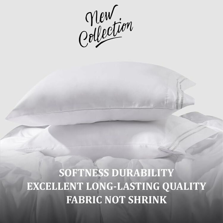 King Size 4 Piece Sheet Set Embroidery -Hotel Luxury Bed Linen for Women & Men - Deep Pockets, Easy-Fit, Soft & Wrinkle Free Sheets – White and Grey Stripe