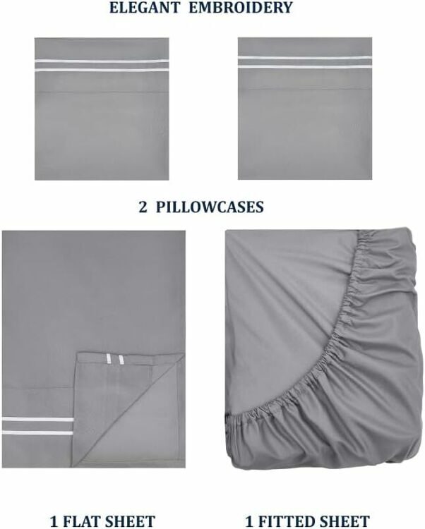 Queen Size 4 Piece Sheet Set Embroidery -Hotel Luxury Bed Linen for Women & Men - Deep Pockets, Easy-Fit, Soft & Wrinkle Free Sheets – Grey and White Stripe