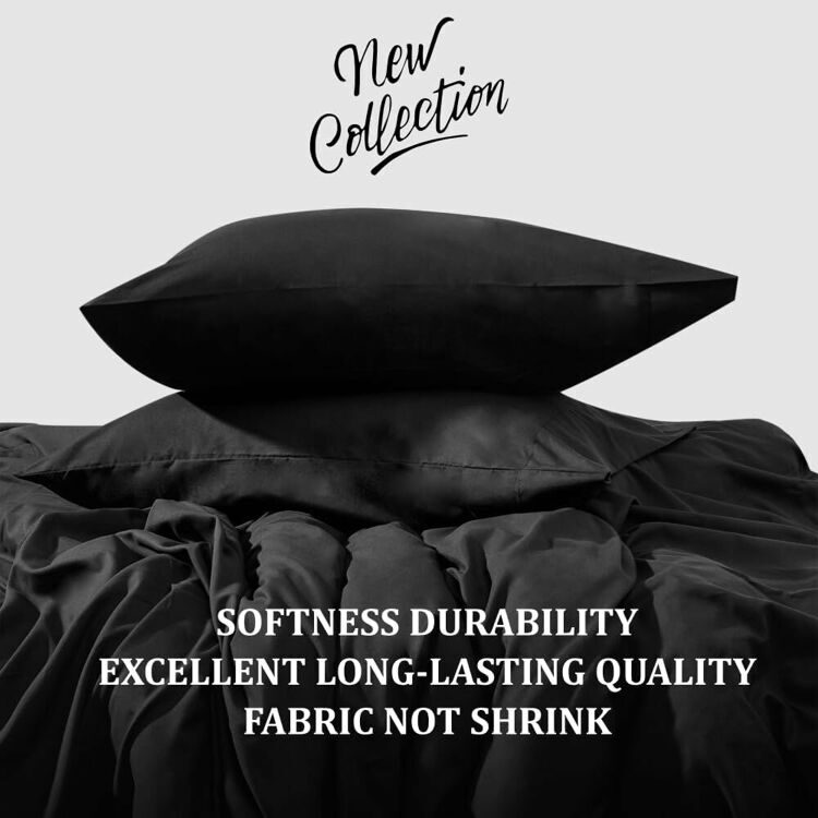 Full Size 4 Piece Sheet Set Embroidery Hotel Luxury Bed Linen for Women & Men - Deep Pockets, Easy-Fit, Soft & Wrinkle Free Sheets – Black