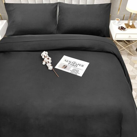 Queen Size 4 Piece Sheet Set Embroidery Hotel Luxury Bed Linen for Women & Men - Deep Pockets, Easy-Fit, Soft & Wrinkle Free Sheets – Black