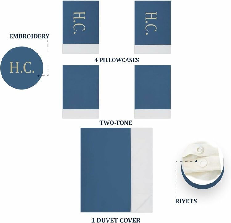 100% Cotton Double Bed Linen 5 Pcs Queen Size Bedding | 4 Pillowcases Satin Duvet Cover Linen - Embroidery | Ultra Soft Breathable and Shrink Free - White, Dark Blue Bedding, 1200 Thread