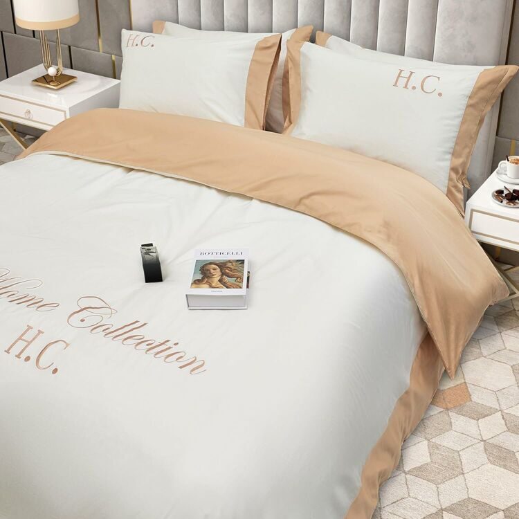 100% Cotton Double Bed Linen 5 Pcs Twin Size | 4 Pillowcases Satin Duvet Cover Linen - Embroidery | Ultra Soft Breathable and Shrink Free - White, Beige Bedding, 1200 Thread