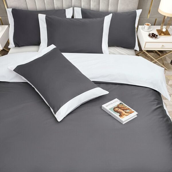 100% Cotton Double Bed Linen 5 Pcs Twin Size | 4 Pillowcases Satin Duvet Cover Linen - Embroidery | Ultra Soft Breathable and Shrink Free - Grey, White Bedding, 1200 Thread