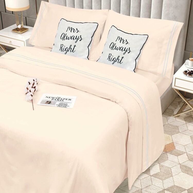 Queen Size 4 Piece Sheet Set Embroidery -Hotel Luxury Bed Linen for Women & Men - Deep Pockets, Easy-Fit, Soft & Wrinkle Free Sheets – Beige and White Stripe