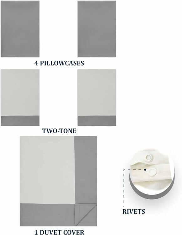 100% Cotton Double Bed Linen 5 Pcs Twin Size | 4 Pillowcases Satin Duvet Cover Linen - Embroidery | Ultra Soft Breathable and Shrink Free - Grey, Ivory White Bedding, 1200 Thread