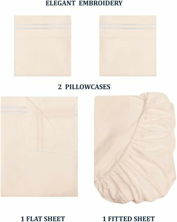 Queen Size 4 Piece Sheet Set Embroidery -Hotel Luxury Bed Linen for Women & Men - Deep Pockets, Easy-Fit, Soft & Wrinkle Free Sheets – Beige and White Stripe
