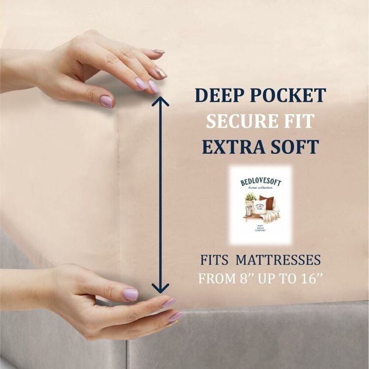 Queen Size 4 Piece Sheet Set Embroidery -Hotel Luxury Bed Linen for Women & Men - Deep Pockets, Easy-Fit, Soft & Wrinkle Free Sheets – Beige and White Stripe