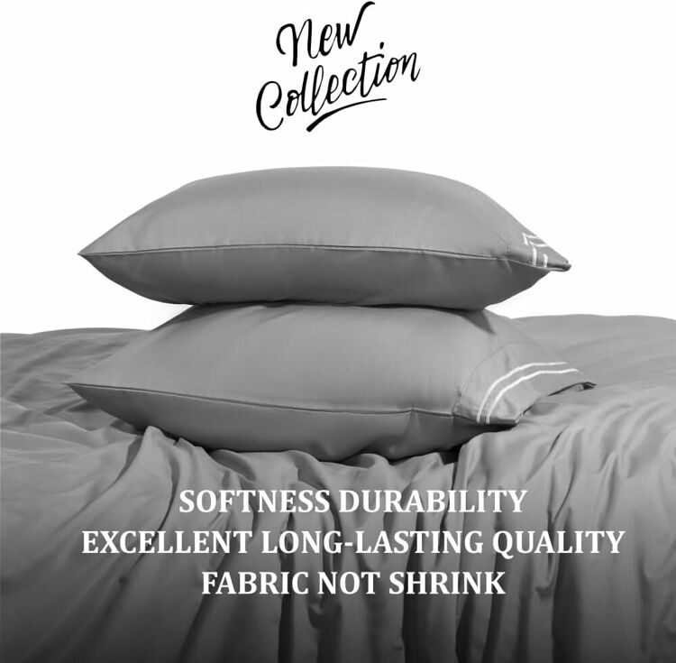 Queen Size 4 Piece Sheet Set Embroidery -Hotel Luxury Bed Linen for Women & Men - Deep Pockets, Easy-Fit, Soft & Wrinkle Free Sheets – Grey and White Stripe