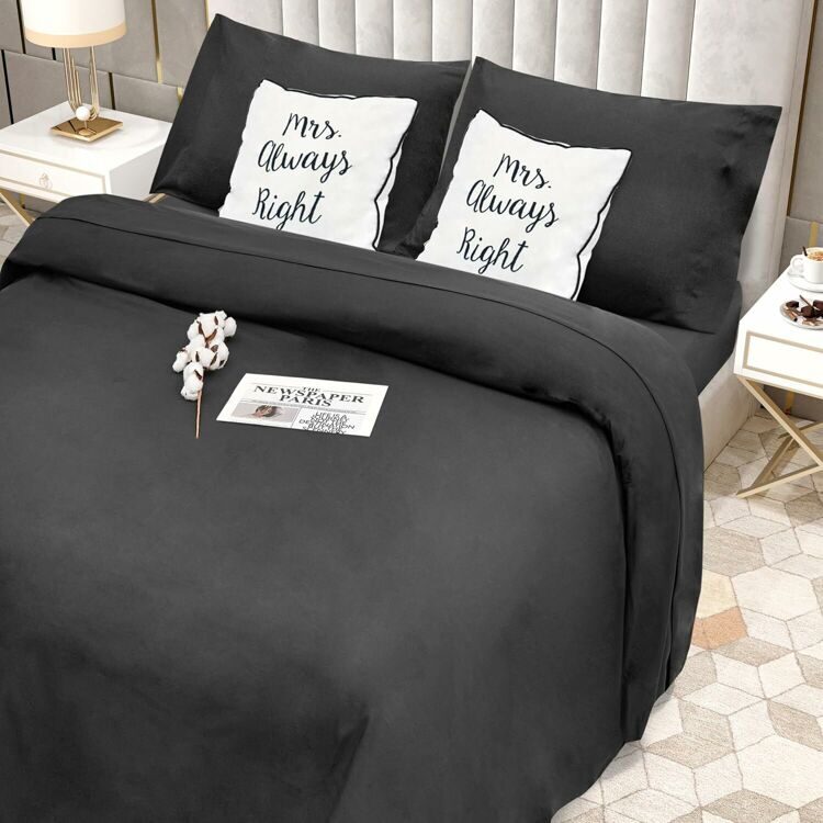 Full Size 4 Piece Sheet Set Embroidery Hotel Luxury Bed Linen for Women & Men - Deep Pockets, Easy-Fit, Soft & Wrinkle Free Sheets – Black