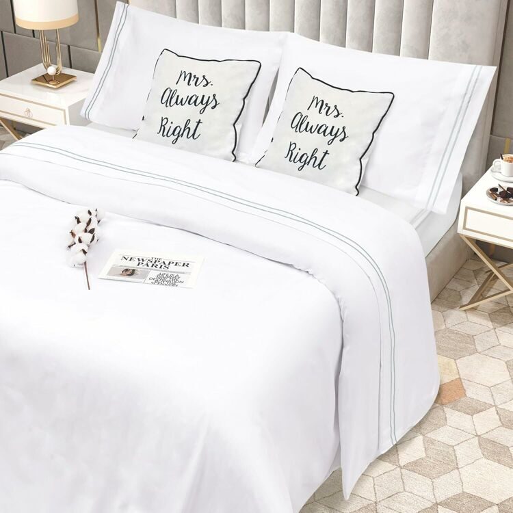 King Size 4 Piece Sheet Set Embroidery -Hotel Luxury Bed Linen for Women & Men - Deep Pockets, Easy-Fit, Soft & Wrinkle Free Sheets – White and Grey Stripe