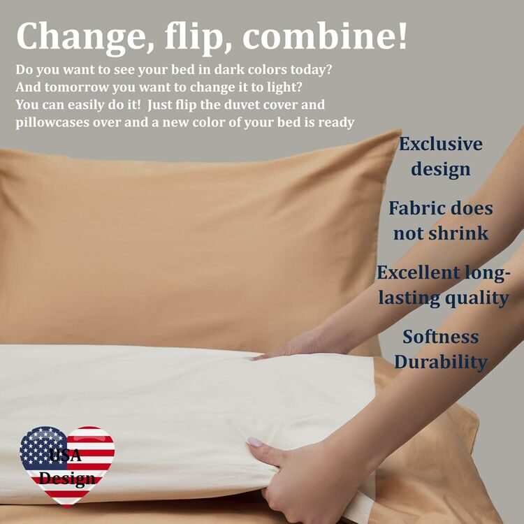 100% Cotton Double Bed Linen 5 Pcs Twin Size | 4 Pillowcases Satin Duvet Cover Linen - Embroidery | Ultra Soft Breathable and Shrink Free - White, Beige Bedding, 1200 Thread