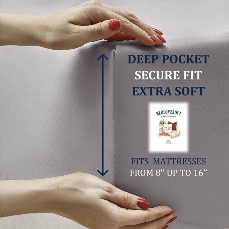 Pure 100% Cotton Sateen Linen Sheet Queen Size - Cloud Soft Linen - Universal Elastic Deep Pockets Queen Sheet - Easy Fit (Light Gray Bedding), 1200 Thread