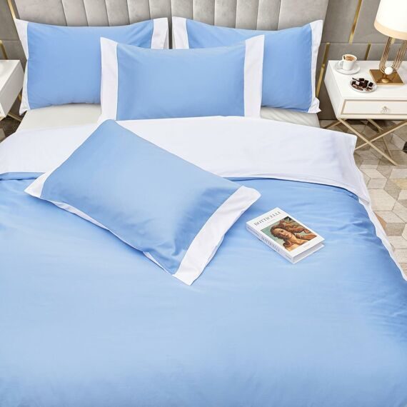 100% Cotton Double Bed Linen 5 Pcs Full Size | 4 Pillowcases Satin Duvet Cover Linen - Embroidery | Ultra Soft Breathable and Shrink Free - White, Blue Bedding, 1200 Thread