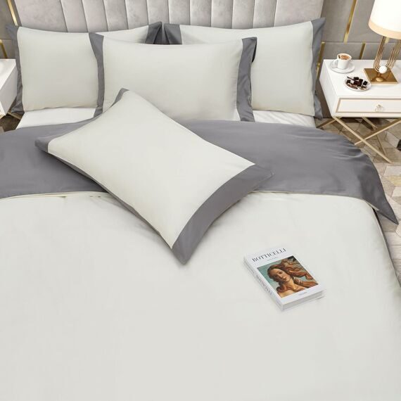 100% Cotton Double Bed Linen 5 Pcs Twin Size | 4 Pillowcases Satin Duvet Cover Linen - Embroidery | Ultra Soft Breathable and Shrink Free - Grey, Ivory White Bedding, 1200 Thread