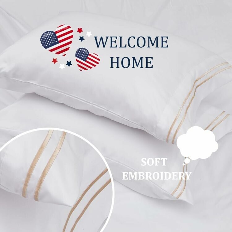 Bedlovesoft- Embroidery -Hotel Luxury Bed Linen for Women & Men - Deep Pockets, Easy-Fit, Soft & Wrinkle Free Sheets – White and Beige Stripe (California King), 400 Thread