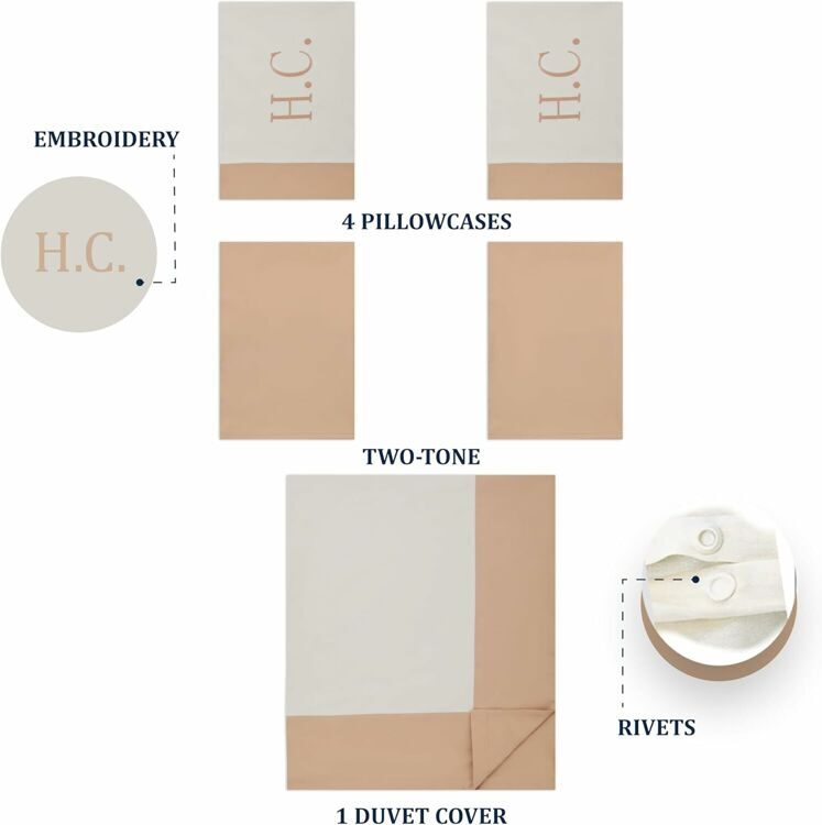 100% Cotton Double Bed Linen 5 Pcs Twin Size | 4 Pillowcases Satin Duvet Cover Linen - Embroidery | Ultra Soft Breathable and Shrink Free - White, Beige Bedding, 1200 Thread