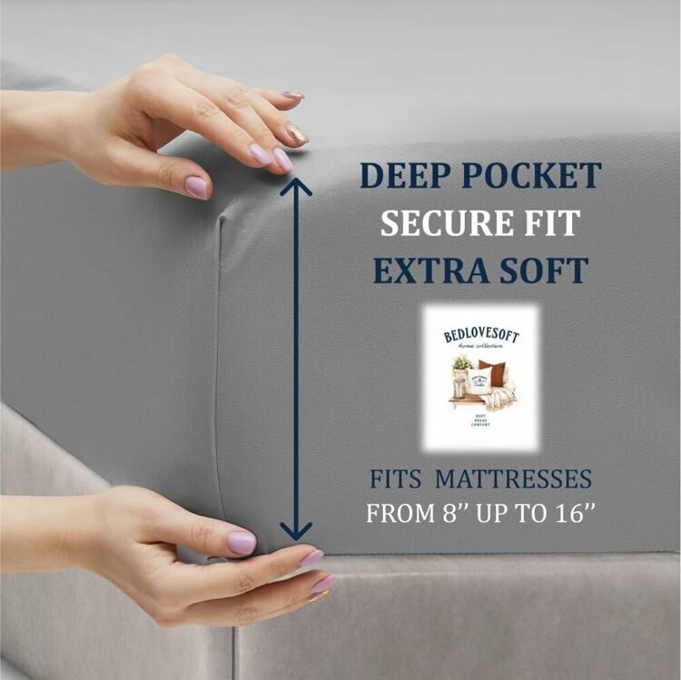 Queen Size 4 Piece Sheet Set Embroidery -Hotel Luxury Bed Linen for Women & Men - Deep Pockets, Easy-Fit, Soft & Wrinkle Free Sheets – Grey and White Stripe