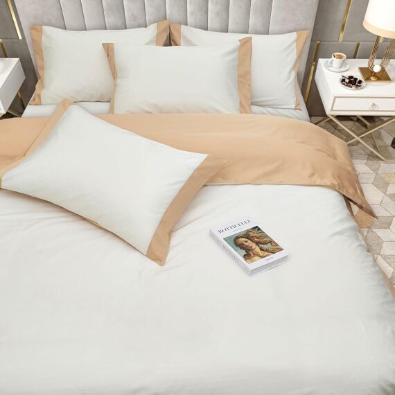 100% Cotton Double Bed Linen 5 Pcs Twin Size | 4 Pillowcases Satin Duvet Cover Linen - Embroidery | Ultra Soft Breathable and Shrink Free - White, Beige Bedding, 1200 Thread