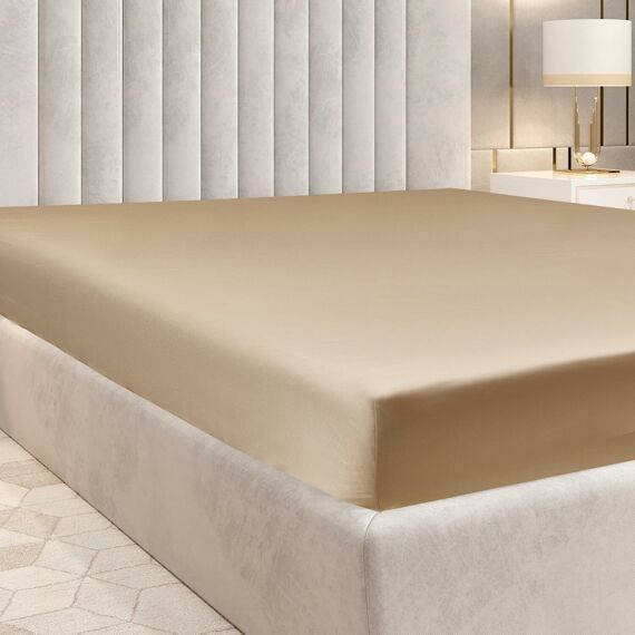 Pure 100% Cotton Sateen Fitted Linen Bed Sheet Twin Size - Cloud Soft Linen - Universal Elastic Deep Pocket - Wrinkle Free -Easy Fit (Beige Bedding), 1200 Thread