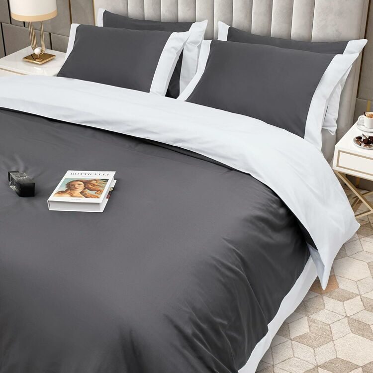 100% Cotton Double Bed Linen 5 Pcs Twin Size | 4 Pillowcases Satin Duvet Cover Linen - Embroidery | Ultra Soft Breathable and Shrink Free - Grey, White Bedding, 1200 Thread