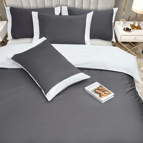 100% Cotton Double Bed Linen 5 Pcs Twin Size | 4 Pillowcases Satin Duvet Cover Linen - Embroidery | Ultra Soft Breathable and Shrink Free - Grey, White Bedding, 1200 Thread