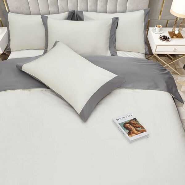 100% Cotton Double Bed Linen 5 Pcs Twin Size | 4 Pillowcases Satin Duvet Cover Linen - Embroidery | Ultra Soft Breathable and Shrink Free - Grey, Ivory White Bedding, 1200 Thread