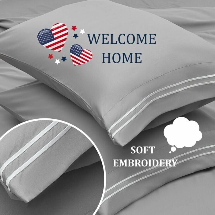 Queen Size 4 Piece Sheet Set Embroidery -Hotel Luxury Bed Linen for Women & Men - Deep Pockets, Easy-Fit, Soft & Wrinkle Free Sheets – Grey and White Stripe