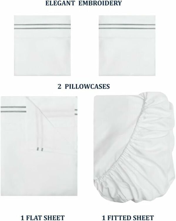 King Size 4 Piece Sheet Set Embroidery -Hotel Luxury Bed Linen for Women & Men - Deep Pockets, Easy-Fit, Soft & Wrinkle Free Sheets – White and Grey Stripe