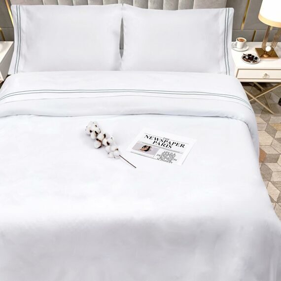 King Size 4 Piece Sheet Set Embroidery -Hotel Luxury Bed Linen for Women & Men - Deep Pockets, Easy-Fit, Soft & Wrinkle Free Sheets – White and Grey Stripe