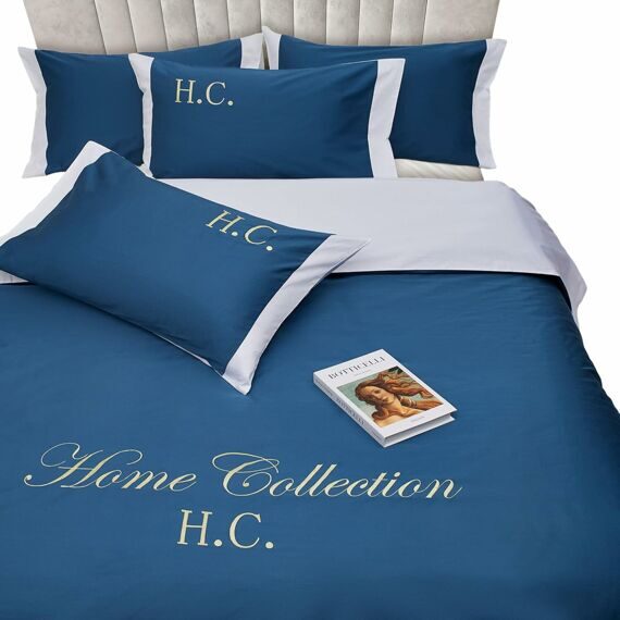 100% Cotton Double Bed Linen 5 Pcs Queen Size Bedding | 4 Pillowcases Satin Duvet Cover Linen - Embroidery | Ultra Soft Breathable and Shrink Free - White, Dark Blue Bedding, 1200 Thread