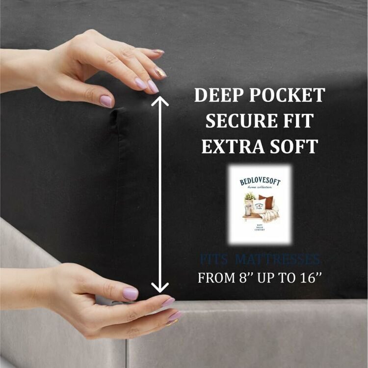 Full Size 4 Piece Sheet Set Embroidery Hotel Luxury Bed Linen for Women & Men - Deep Pockets, Easy-Fit, Soft & Wrinkle Free Sheets – Black