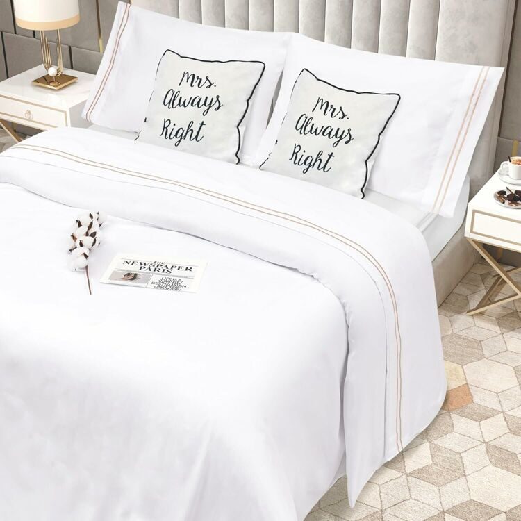 Bedlovesoft- Embroidery -Hotel Luxury Bed Linen for Women & Men - Deep Pockets, Easy-Fit, Soft & Wrinkle Free Sheets – White and Beige Stripe (California King), 400 Thread