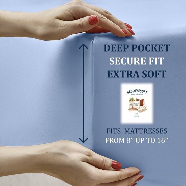 Pure 100% Cotton Sateen Fitted Linen Bed Sheet Twin Size - Cloud Soft Linen - Universal Elastic Deep Pocket - Wrinkle Free -Easy Fit (Blue Bedding), 1200 Thread