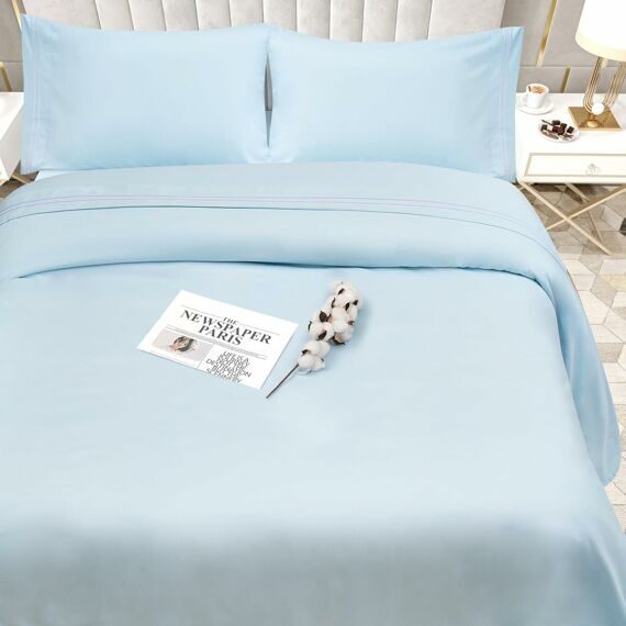 California Linen King size Sheet 4pc Set - Hotel Linen Bedding - Breathable Microfiber - Deep Pockets - Embroidered Pattern Bed Linen Soft Sheet - Wrinkle Free - Blue, White Stripe Bedding