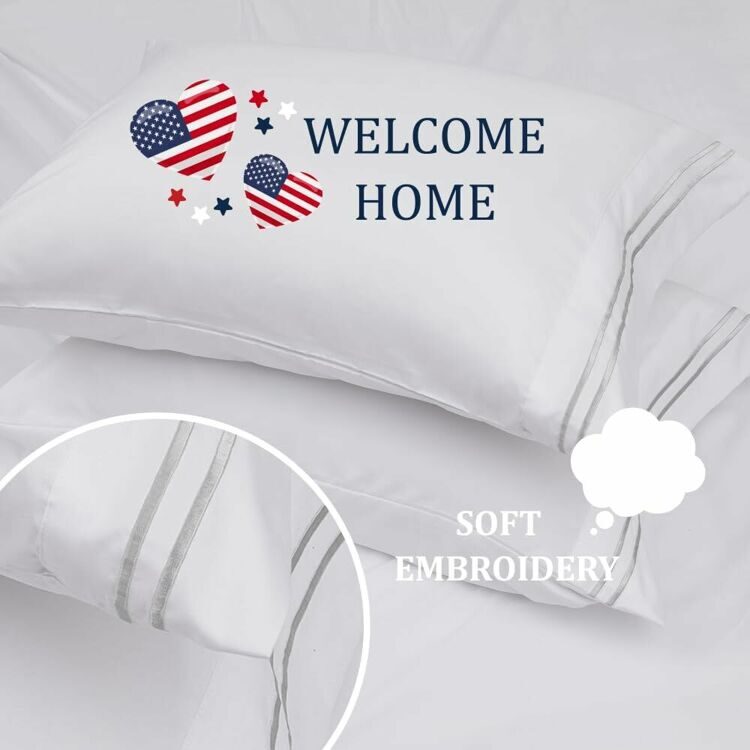 King Size 4 Piece Sheet Set Embroidery -Hotel Luxury Bed Linen for Women & Men - Deep Pockets, Easy-Fit, Soft & Wrinkle Free Sheets – White and Grey Stripe