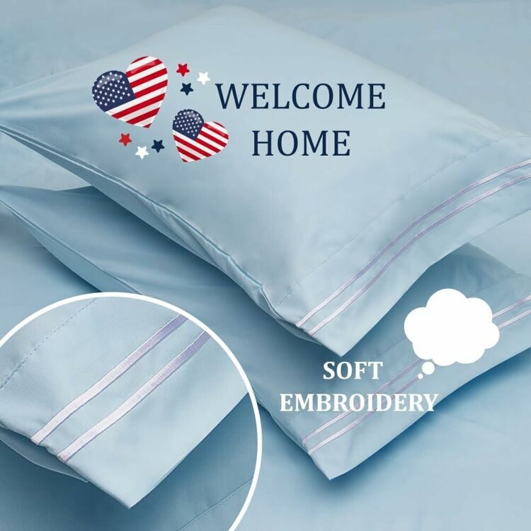 Full Size 4 Piece Sheet Set Embroidery -Hotel Luxury Bed Linen for Women & Men - Deep Pockets, Easy-Fit, Soft & Wrinkle Free Sheets – Blue and White Stripe