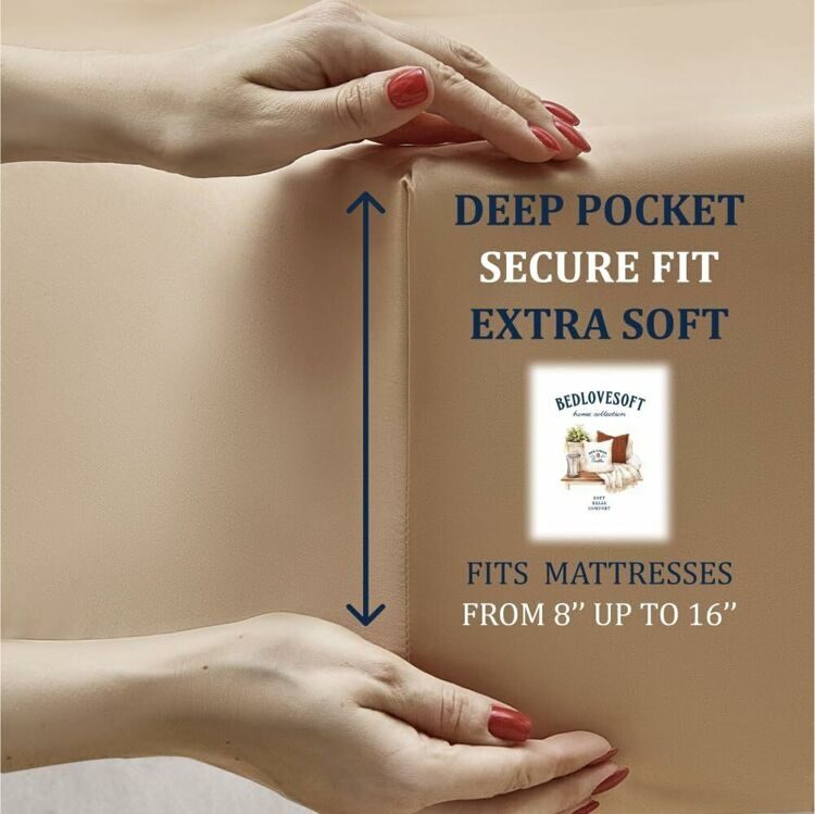 Pure 100% Cotton Sateen Fitted Linen Bed Sheet Twin Size - Cloud Soft Linen - Universal Elastic Deep Pocket - Wrinkle Free -Easy Fit (Beige Bedding), 1200 Thread