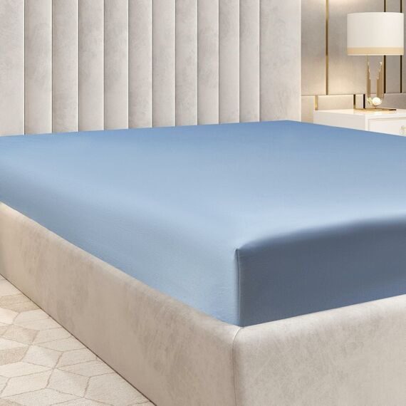 Pure 100% Cotton Sateen Fitted Linen Bed Sheet Twin Size - Cloud Soft Linen - Universal Elastic Deep Pocket - Wrinkle Free -Easy Fit (Blue Bedding), 1200 Thread