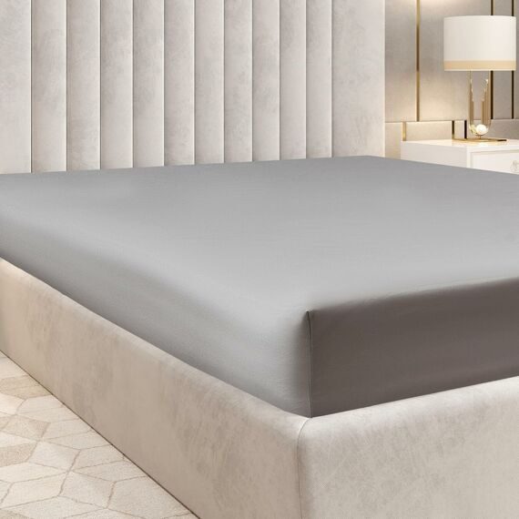 Pure 100% Cotton Sateen Fitted Linen Bed Sheet King Size - Cloud Soft Linen - Universal Elastic Deep Pocket - Wrinkle Free -Easy Fit (Light Gray Bedding), 1200 Thread