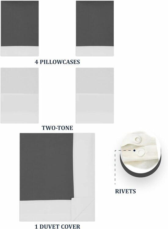 100% Cotton Double Bed Linen 5 Pcs Twin Size | 4 Pillowcases Satin Duvet Cover Linen - Embroidery | Ultra Soft Breathable and Shrink Free - Grey, White Bedding, 1200 Thread