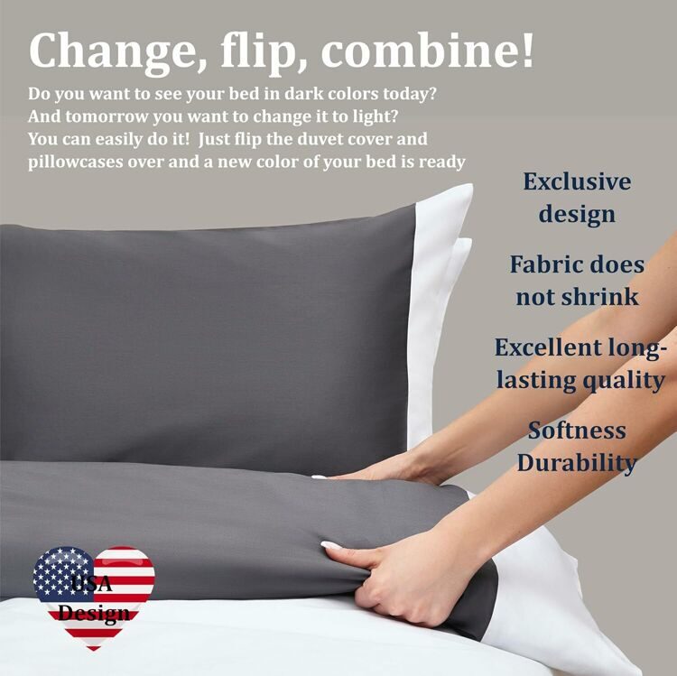 100% Cotton Double Bed Linen 5 Pcs Twin Size | 4 Pillowcases Satin Duvet Cover Linen - Embroidery | Ultra Soft Breathable and Shrink Free - Grey, White Bedding, 1200 Thread