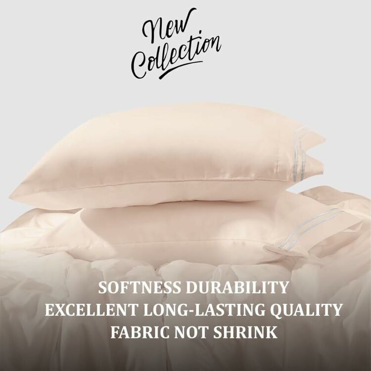 Queen Size 4 Piece Sheet Set Embroidery -Hotel Luxury Bed Linen for Women & Men - Deep Pockets, Easy-Fit, Soft & Wrinkle Free Sheets – Beige and White Stripe