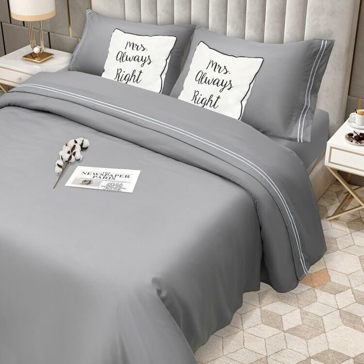 Queen Size 4 Piece Sheet Set Embroidery -Hotel Luxury Bed Linen for Women & Men - Deep Pockets, Easy-Fit, Soft & Wrinkle Free Sheets – Grey and White Stripe