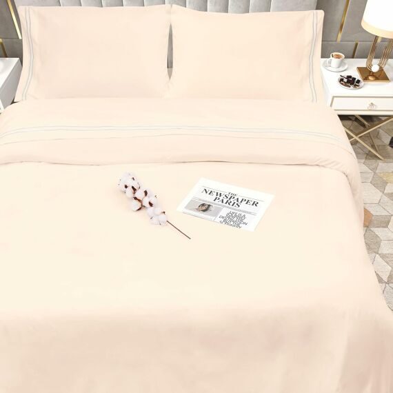 Queen Size 4 Piece Sheet Set Embroidery -Hotel Luxury Bed Linen for Women & Men - Deep Pockets, Easy-Fit, Soft & Wrinkle Free Sheets – Beige and White Stripe